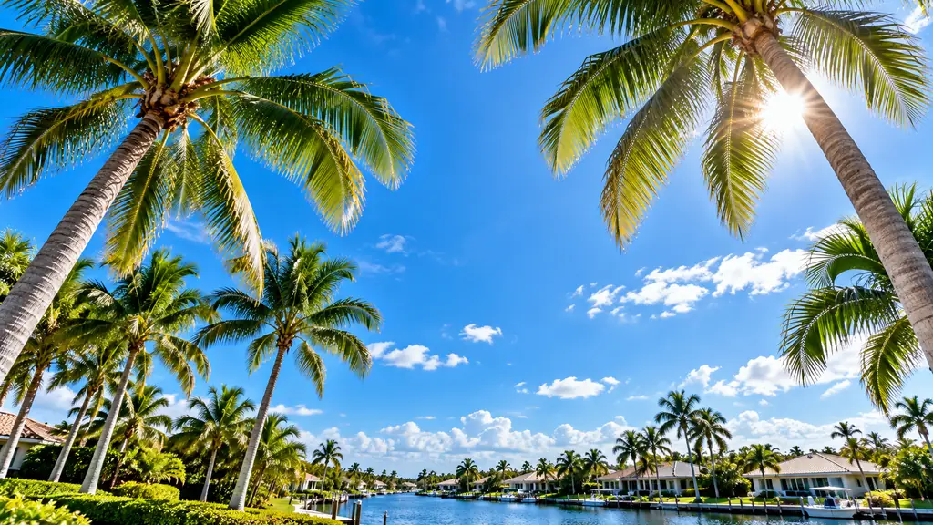 Palm trees against a bright blue South Florida sky