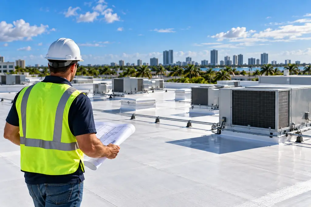 Roofing professional in a safety vest reviewing plans on a white commercial roof with rooftop HVAC units