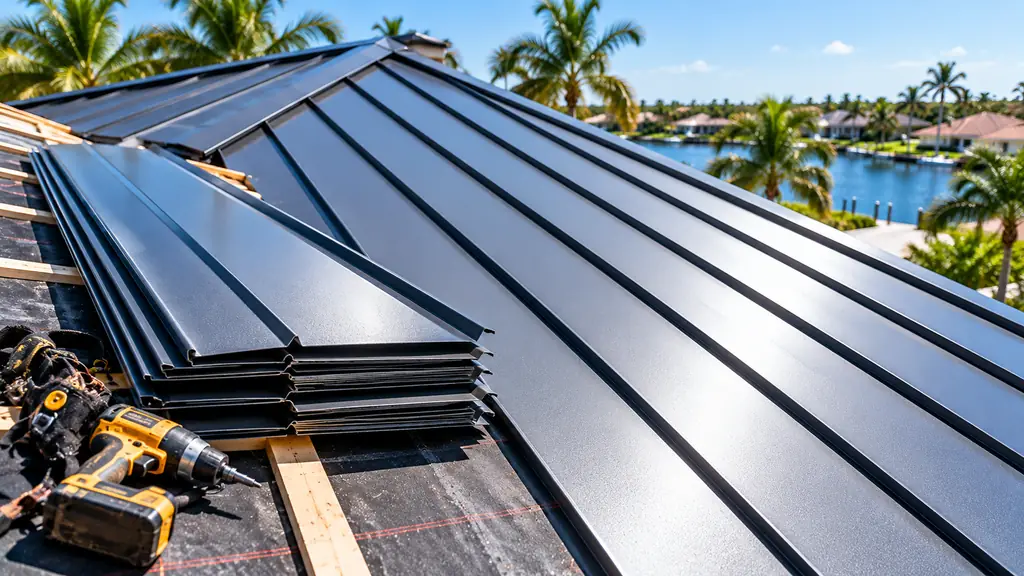 Close-up of standing-seam metal roof panels being installed