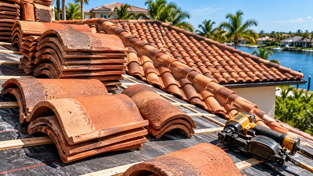 Spanish clay barrel tiles being installed on a roof