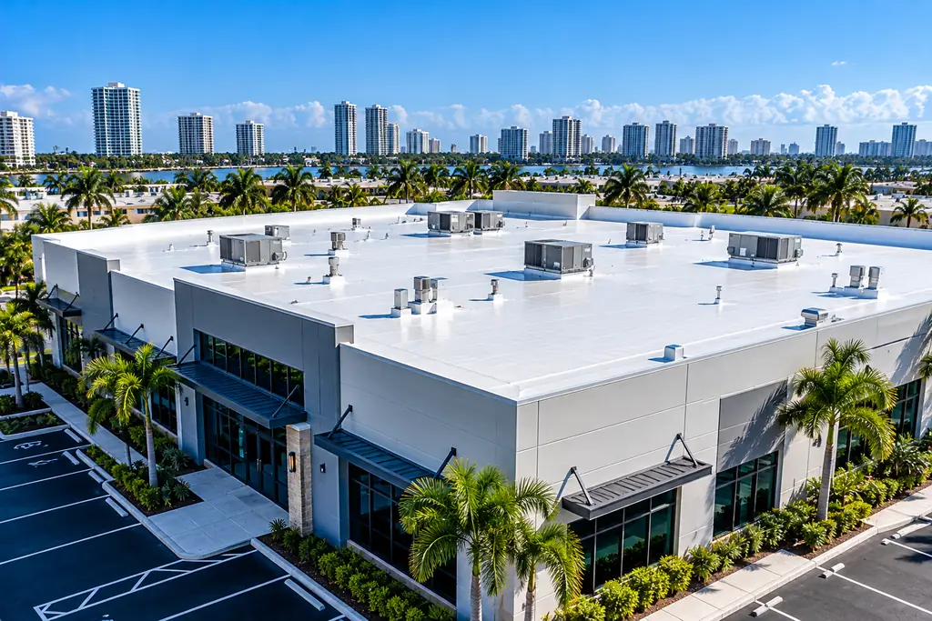 Aerial view of a commercial building with a white flat roof and rooftop HVAC units